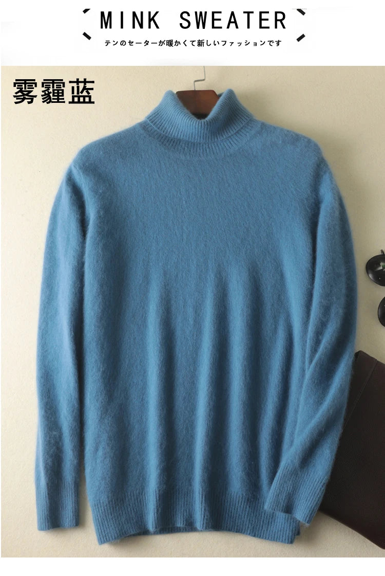 Men's 100% pure Mink Knitted Sweater Turtleneck Large Size Casual Pullover Autumn Winter New Base Shirt Men Warm High Lapels Top.