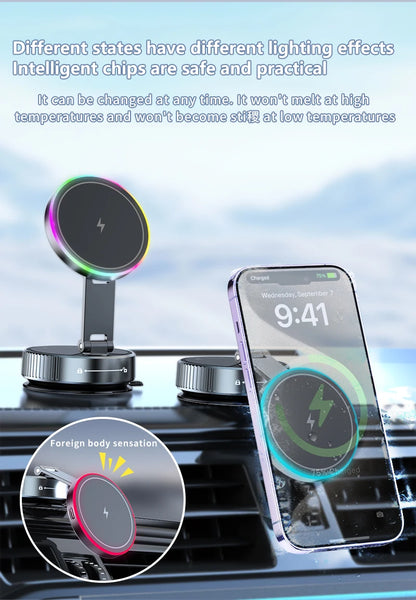 2025 New K3 Wireless Charger Car Phone Holder Colorful Light Vacuum Suction Cup Charging Can 360° Rotate Foldable Phone Holder.