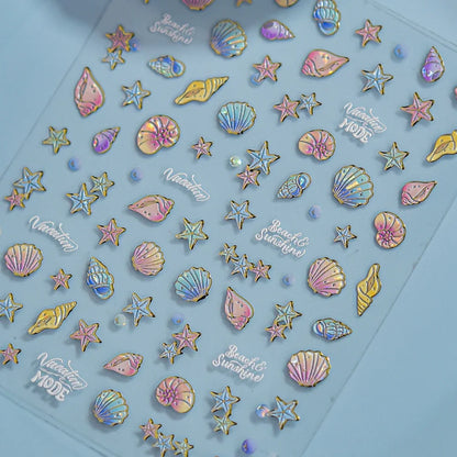 Ocean Theme 5D Nail Sticker Summer Beach Seashells Starfish Conch Scallop Shell Coral Self Adhesive Decoration Manicure Decal