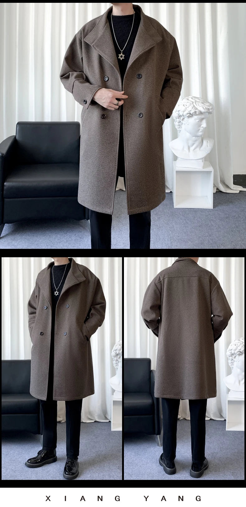 Korean Trend Men's Lapel coat Loose  Casual Double-breasted Overcoat Autumn Winter Fashion New Long Sleeve Woolen Coat.