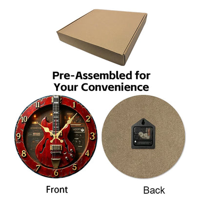 Vintage Gitarren-Wanduhr aus Holz, rund, geräuschlos, zum Aufhängen, geeignet für Wohnzimmer, Büro, Arbeitszimmer, Schlafzimmer, Heimdekoration