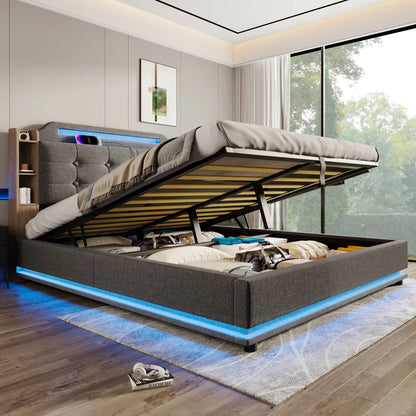 140*200cm Polsterbett mit LED-Lichtleiste und mehreren Ablagefächern, für Schlafzimmerwäsche, Beige (ohne Matratze)