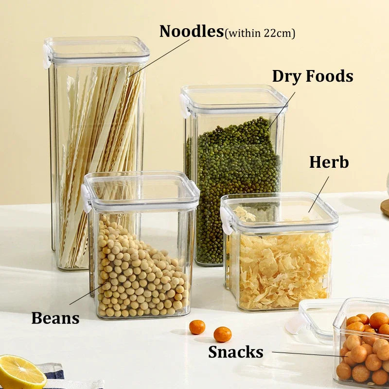Food Box Storage Container With Airtight Lid Condiment Organizer Plastic Dispenser Jar Hermetic Kitchen Cereal Snack Spaghetti.
