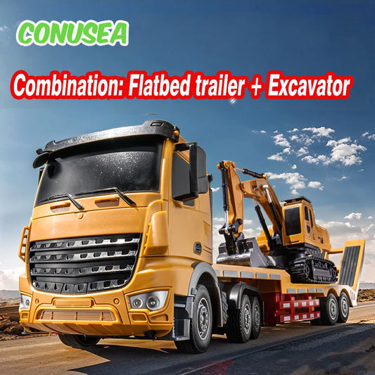 2 In 1 Rc Truck Combination Set Trailer Flat Trucks with 11Ch Excavator Engineer Vehicle 2.4G Remote Control Car Christmas Gifts.
