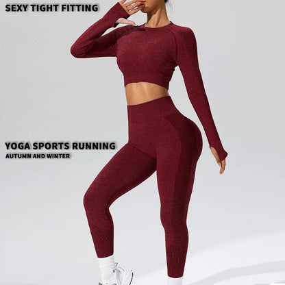 Autumn Winter Yoga Fitness Sportswear Long Sleeve Women's Top And Bottoms Quick Dry Set Finger Snap Gymnastics Outfit.