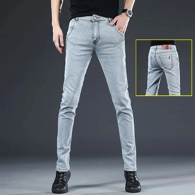 Slim Fit Men's Jeans Casual Elastic Korean Style Autumn Grey Trendy Long Pants Versatile Slim Legged Casual Trousers