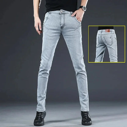Slim Fit Men's Jeans Casual Elastic Korean Style Autumn Grey Trendy Long Pants Versatile Slim Legged Casual Trousers