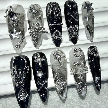 Jirai Japanese Spice Girls Handmade Press On Nails Y2K Black White Long Tip Nail Art 3D Butterfly Star Crown Cool Fake Nails.