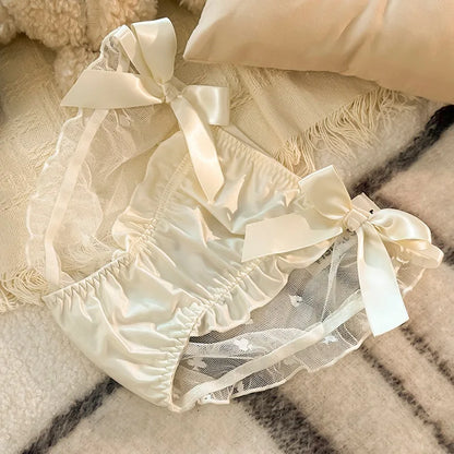 Women Sexy Satin Lace Mesh Transparent Bow Underwear Cute Lovely Sweety Princess Style Soft Panties Ruffles Breathable Breifs.