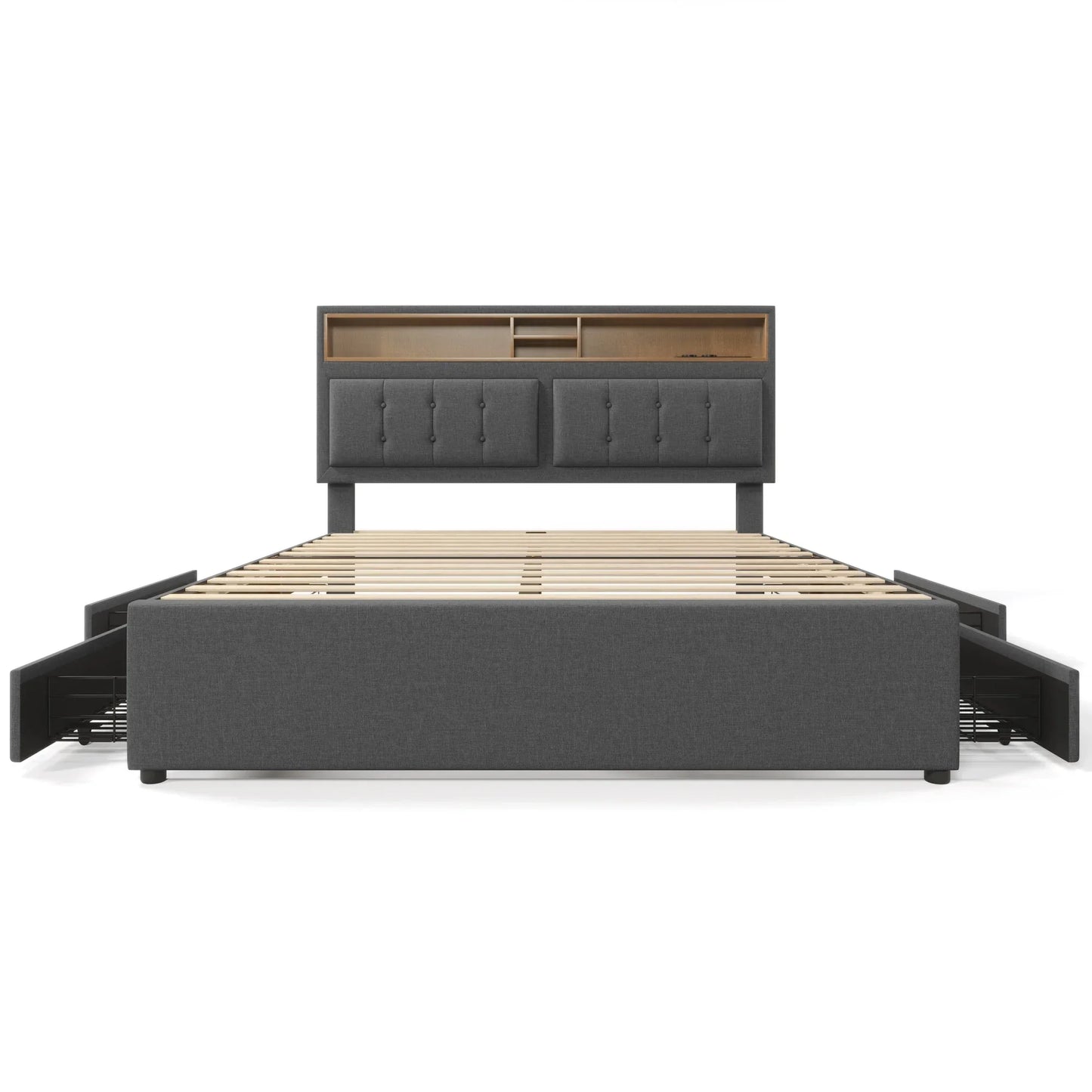 VSOGA 160 x 200 cm großes Doppelbett mit 4 Schubladen und USB-C-Buchse, höhenverstellbarem Kopfteil, Lattenrost aus Holz (mit Matratze)