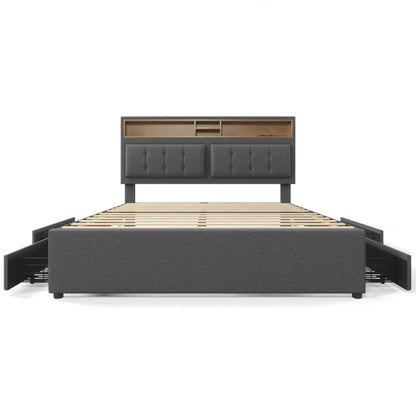 VSOGA 160 x 200 cm großes Doppelbett mit 4 Schubladen und USB-C-Buchse, höhenverstellbarem Kopfteil, Lattenrost aus Holz (mit Matratze)