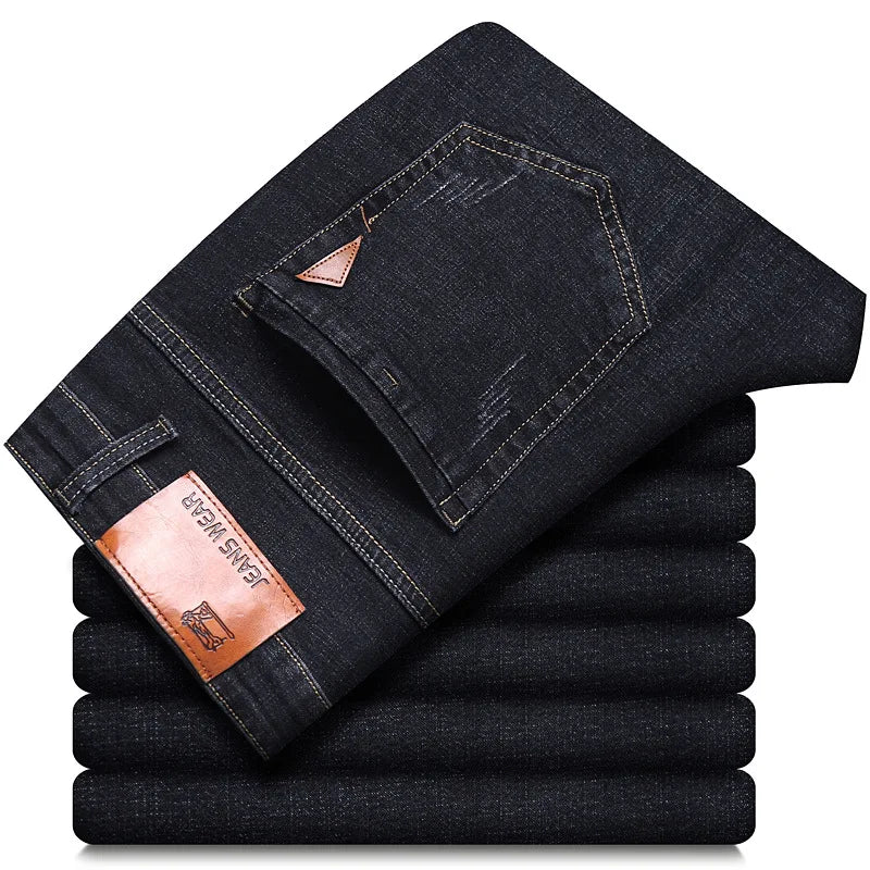Autumn Classic Men's Fitted Stretch Jeans Business Casual Cotton Denim Straight Leg Pants Male Black Blue Trousers.