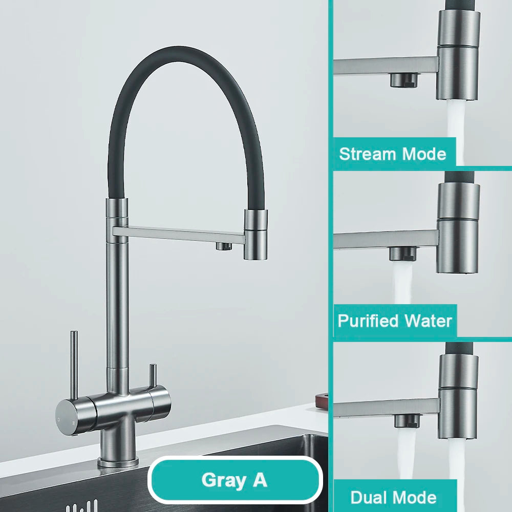 Gray Filtered Kitchen Faucet Dual Spout Hot Cold Mixer Purification Water Crane Filter Water Faucet Deck Mount