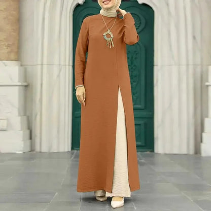 Muslim Women's Long Sleeve Crepe High Split Hem Dress