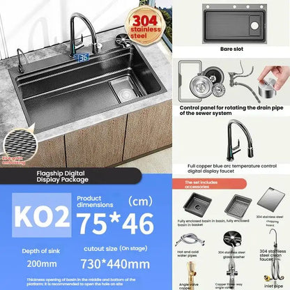 Gray 304 Stainless Steel Kitchen Sink Wash Dish Bowl Nano Embossing Large Single Slot Multifunctional Household Undermount Basin