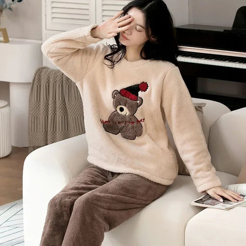 Thickened Warm Large Size Padded Fall and Winter Women's Pajamas Top and Pants Set Coral Velvet Ladies Cartoon Bear 2PCS/Set.