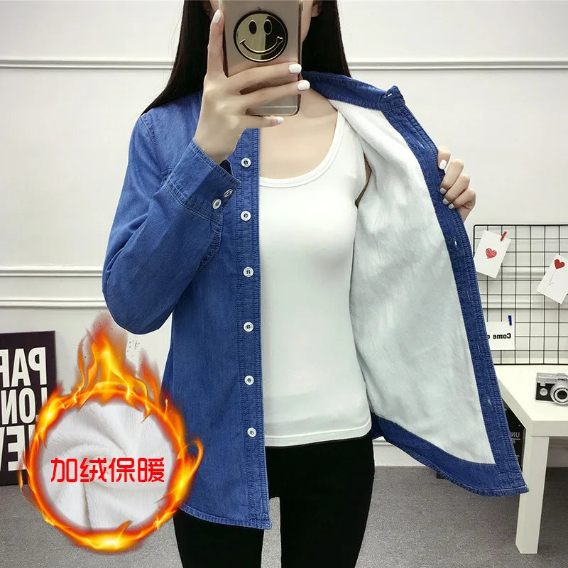 2022 Casual winter Autumn warm thick fleece denim Blouses Women Ladies Tops Women Blouses Long Sleeve Shirt clothe S-3XL.