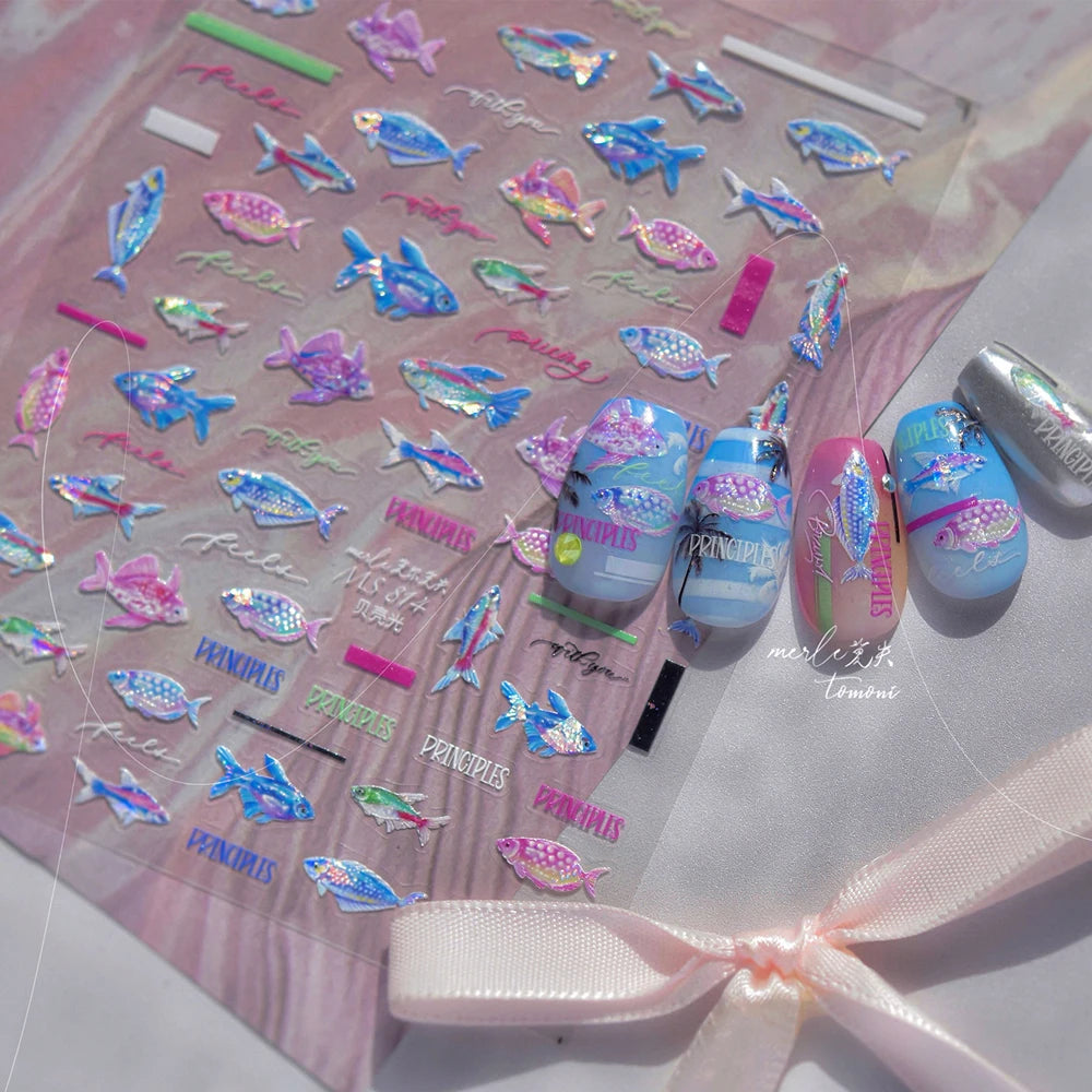 Ocean Theme 5D Nail Sticker Summer Beach Seashells Starfish Conch Scallop Shell Coral Self Adhesive Decoration Manicure Decal