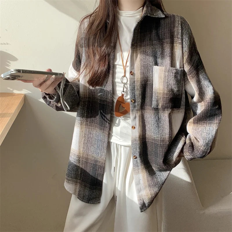 Zjaiss Women Thick Woolen Plaid Blouse Loose Long Sleeved Tops 2025 Autumn Winter New Casual Shirt Long Shirts.
