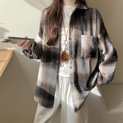 Zjaiss Women Thick Woolen Plaid Blouse Loose Long Sleeved Tops 2025 Autumn Winter New Casual Shirt Long Shirts.