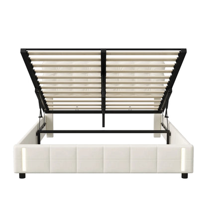 Lazyspace Polsterbett mit Kopfteil, hydraulisches Bett mit Stauraum und LED, für Jugendliche, Erwachsene, Samt, ohne Matratze, 160 x 200 cm