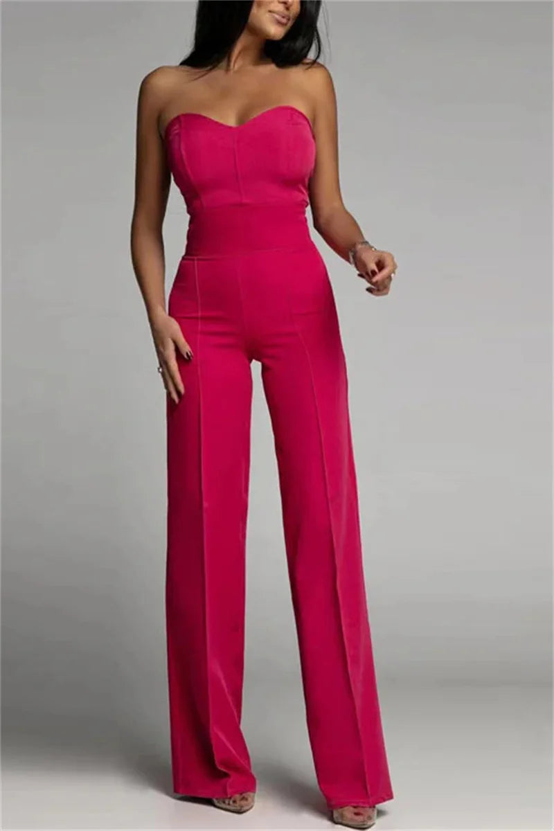 Elegant Straight-Leg Jumpsuit Women Spring Summer Solid Strapless Backless Slim Romper Office Lady One Piece Wide Leg Pant.