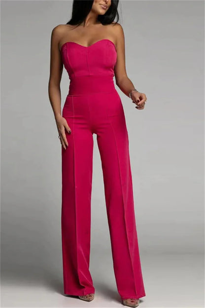 Elegant Straight-Leg Jumpsuit Women Spring Summer Solid Strapless Backless Slim Romper Office Lady One Piece Wide Leg Pant.