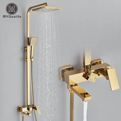Golden Bathroom Shower Faucet Wall Mounted Rainfall Shower System Bathroom Rotate Bathtub Spout with Hand Shower