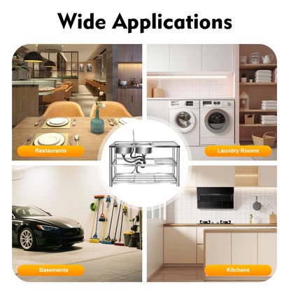 Freistehendes Doppelwaschbecken-Set aus Edelstahl mit Wasserhahn, 3-stufiges Aufbewahrungs-Küchenspüle-Set für den gewerblichen Gebrauch in der Küche, Wäsche