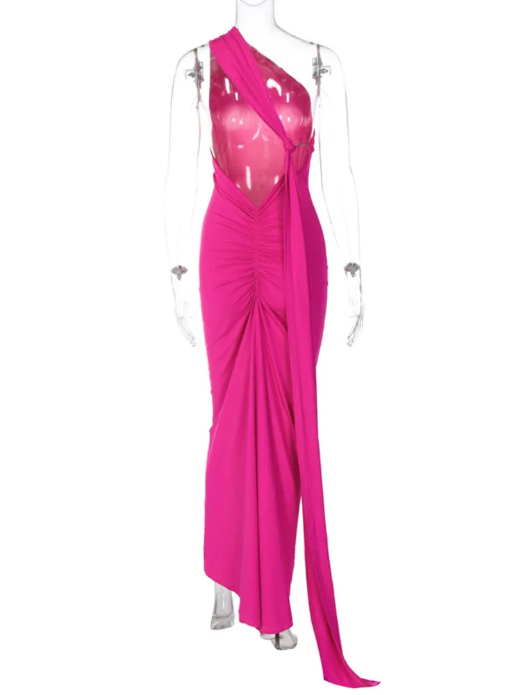 Mozision Schräge Schulter Backless Maxi Kleid Für Frauen Kleid Sommer Zurück Strap Ärmellose Geraffte Party Sexy Langes Kleid Vestidos.