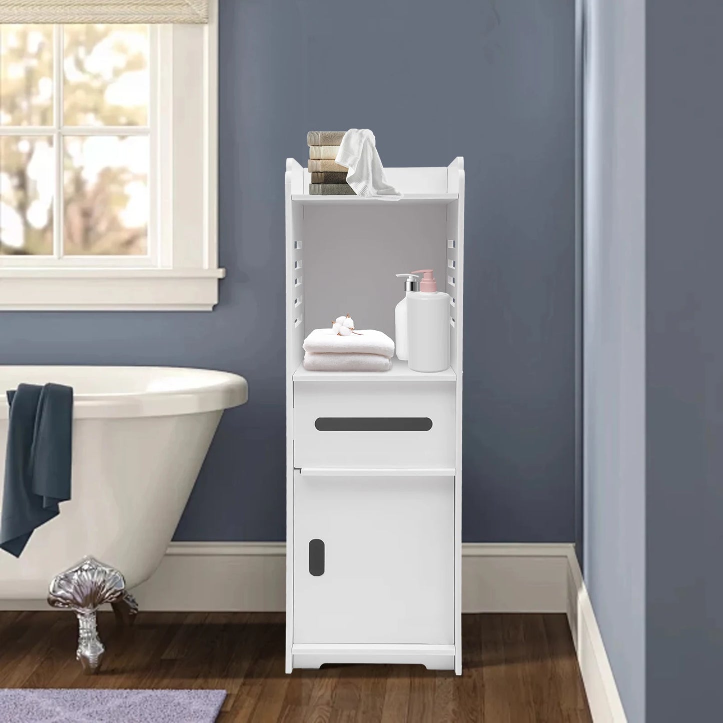 4-stufiger rechteckiger Badezimmerschrank, weißes freistehendes Lagerregal, Mehrzweck-Aufbewahrungsschrank, Badezimmerschrank, 24 x 24 x 80 cm