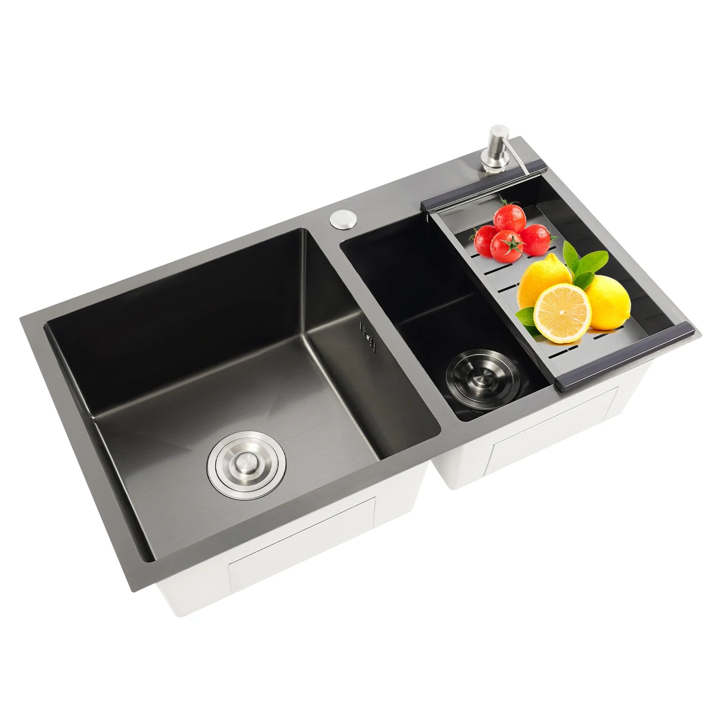 Doppelschüssel-Küchenspüle, Edelstahl, moderne Küchenspüle mit Abflussrohren, Siebe, Abflusskorb, Seifenspender, 78 x 43 x 22 cm