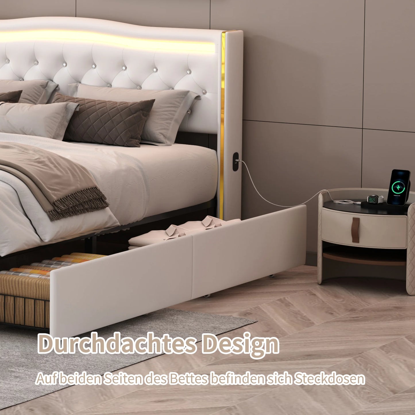 Rosahqnda Modernes Doppelbettgestell aus weißem PU-Leder, vergoldetes Kopfteil mit vier Schubladen ohne Matratze