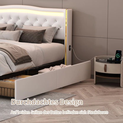 Rosahqnda Modernes Doppelbettgestell aus weißem PU-Leder, vergoldetes Kopfteil mit vier Schubladen ohne Matratze