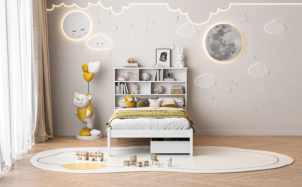 Rosahqnda Massivholz-Bettgestell 90 x 200 cm, Kinderbett mit Schubladen und Kopfteil für Bücher, Einzelzimmer, Weiß
