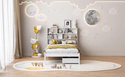 Rosahqnda Massivholz-Bettgestell 90 x 200 cm, Kinderbett mit Schubladen und Kopfteil für Bücher, Einzelzimmer, Weiß