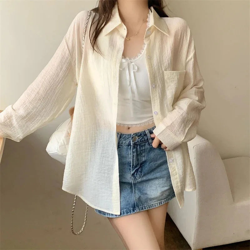 Women's Summer Sun Protection Shirts Casual Loose with Pocket Chiffon Blouses Female Korean Chic Thin Breathable Slimming Shirt.