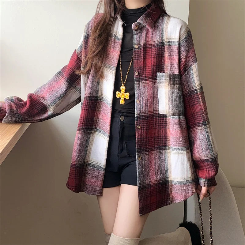 Zjaiss Women Thick Woolen Plaid Blouse Loose Long Sleeved Tops 2025 Autumn Winter New Casual Shirt Long Shirts.
