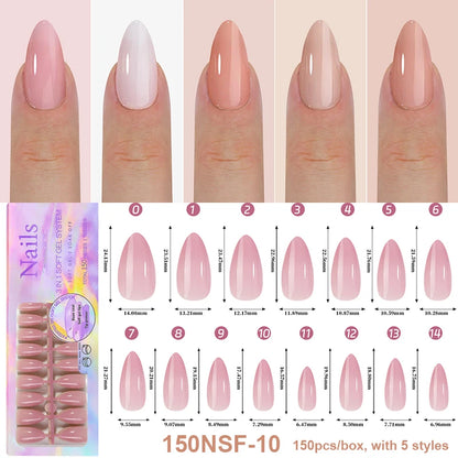 150Pcs/Box Acrylic Press on Nails Full Cover Fake False Tips Soft Gel Extension T-shaped Oval Capsule Almond Sculpted Salon DIY