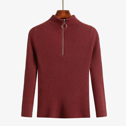 Frauen Fashion Solid Strick Pullover Vintage Langarm Zip-up Grundlegende Hälfte Rollkragenpullover Weibliche Pullover Chic Casual Tops