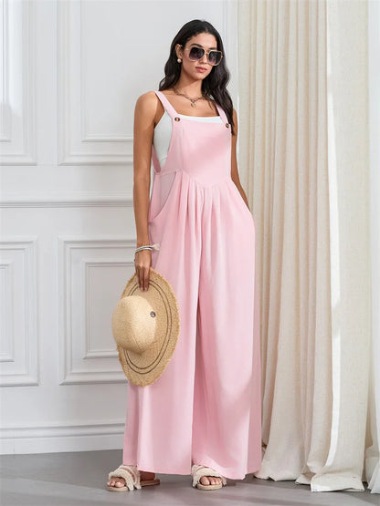 Women Fashion Jumpsuits Sleeveless Buttons Suspender Wide Leg Pant Overalls with Pockets Casual Loose Romper Streetwear.