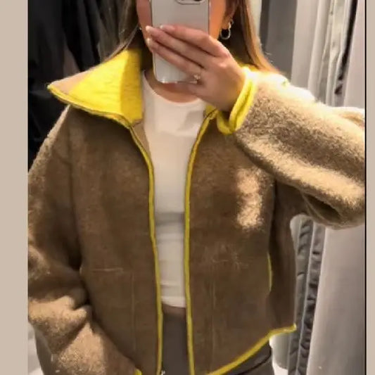 Modische kontrastierende Strickjacke für Damen, elegant, langärmelig, Taschen, Reißverschluss, Pullover, 2026, Frühling, Street Lady, schicke Oberbekleidung