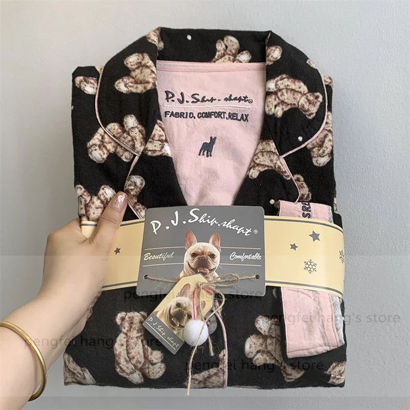 2025 Autumn New Home Clothes Lady Cotton Pajamas Suit Cute Cartoon Print Nightwear Luxury Shirt Pants Girlfriend Gift Loungewear.