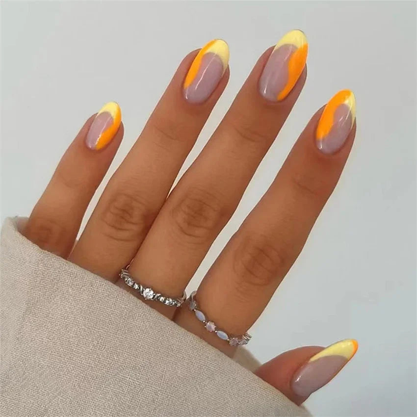 24Ps/Set White Ripple Glitter Chip Design Wearing False Nail French Full Cover Acrylic Press on Nail Almond Shape Fake Nail Tips