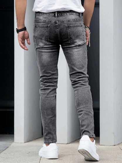 1 Piece of Men's Four-Season Snowflake Washed Fashion Jeans, Stretch Slim Fit Light Gray Dark Black Casual Denim Pants, Normcore and Fashionable, Suitable for Everyday Wear.