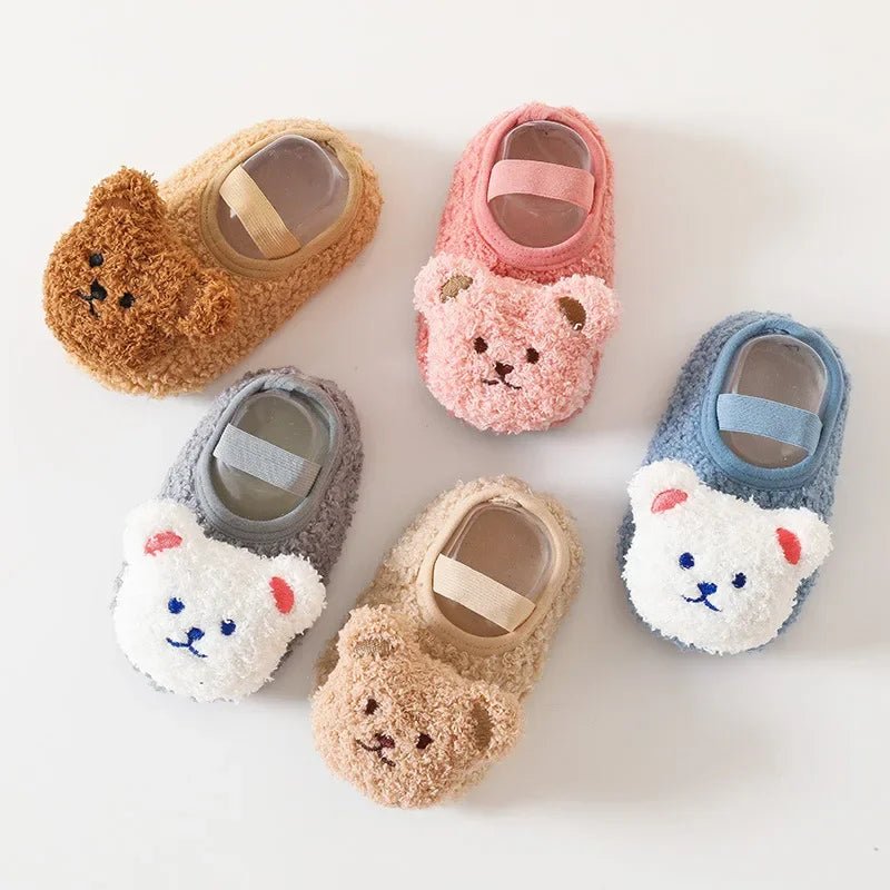 Warm Newborn First Walker for Boy Girl Cartoon Animal Bear Indoor Non-slip Floor Shoes Winter Fury Plush Floor Shoes