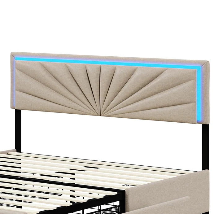 Lazyspace Beige-Leinen-Polsterbett, Doppelbettrahmen, Stauraumbett mit 4 Schubladen und höhenverstellbarem Kopfteil mit RGB-LED