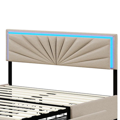 Lazyspace Beige-Leinen-Polsterbett, Doppelbettrahmen, Stauraumbett mit 4 Schubladen und höhenverstellbarem Kopfteil mit RGB-LED