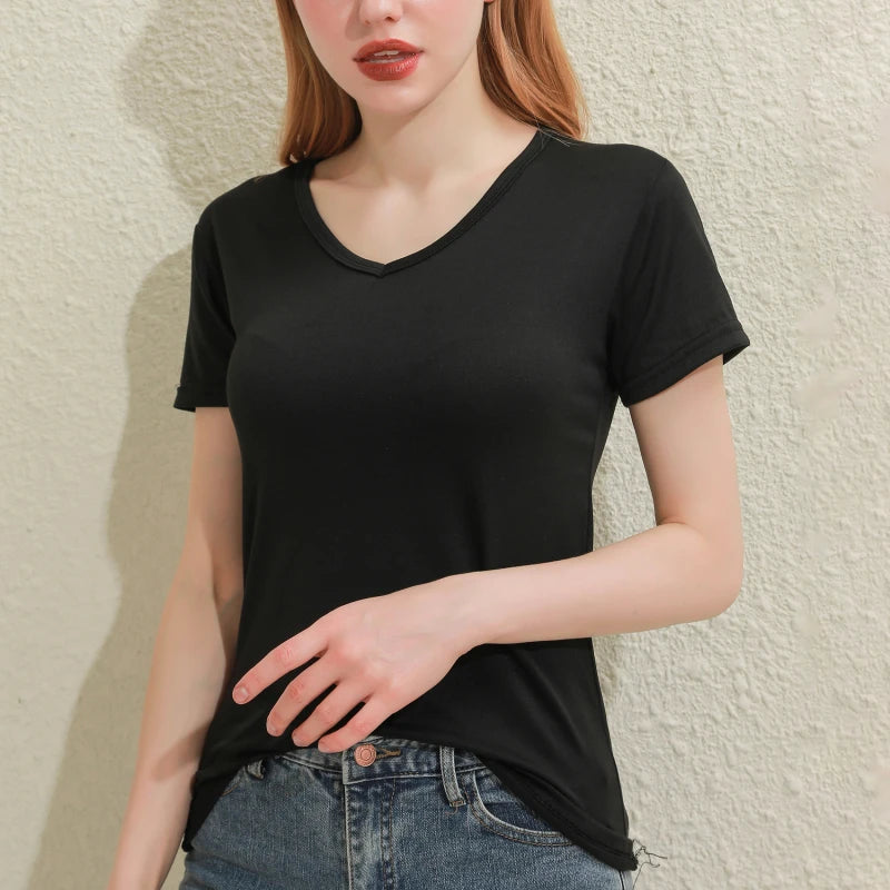 2024 Kurze T-Shirts Sommer Damen Kurzarm Rundhals Casual Bluse Shirts Einfarbig Tops Schwarz / Weiß