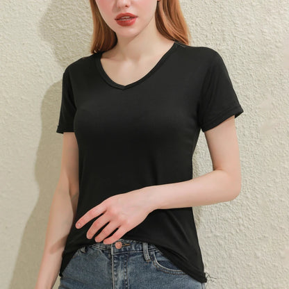2024 Kurze T-Shirts Sommer Damen Kurzarm Rundhals Casual Bluse Shirts Einfarbig Tops Schwarz / Weiß